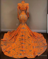 Hot Orange High neck Long Sleeves Mermaid Sequin Semi Formal Prom Dresses